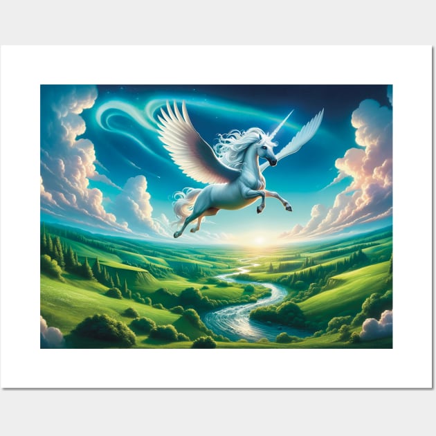 Mythical unicorn flying over lush landscape painting Wall Art by LozsArt
